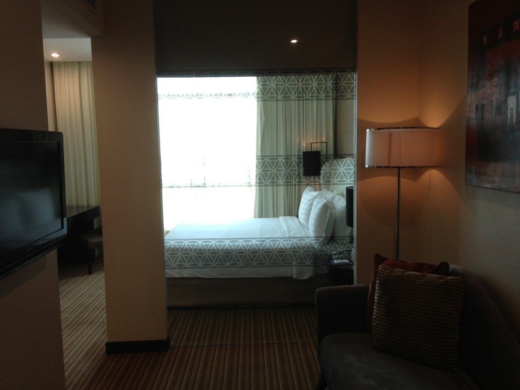 Upon entering the room, we can see the bed. Thankfully, there is a blind which we can let down for privacy.