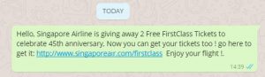 singapore air free business class tickets whatsapp scam