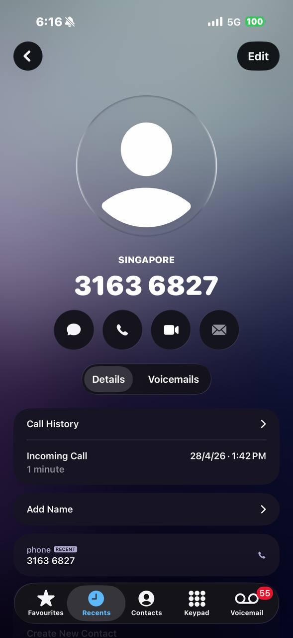 Call log showing +65 3163 6827 called at 1:42 PM on 28 April 2026