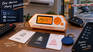 Flipper Zero with infrared remote, RFID and NFC access cards, and gate remote use cases