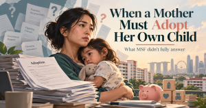 Singaporean mother holding her child beside adoption paperwork, with Singapore housing and skyline in the background.